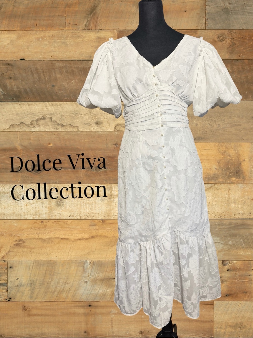 DOLCE VIVA COLLECTION White Puff-Sleeve Midi Dress W/ Ruffle Hem, Textured